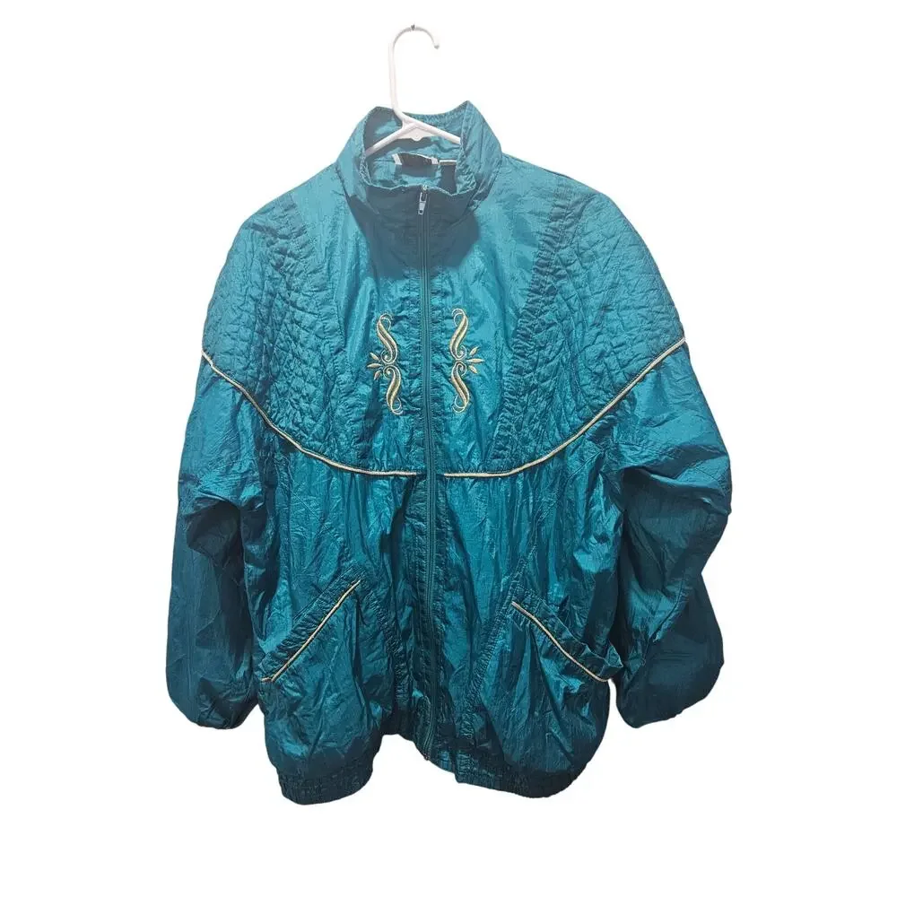 Vintage 80s 90s Teal Windbreaker Jacket Bold Spirit Embroidered Women’s Large L